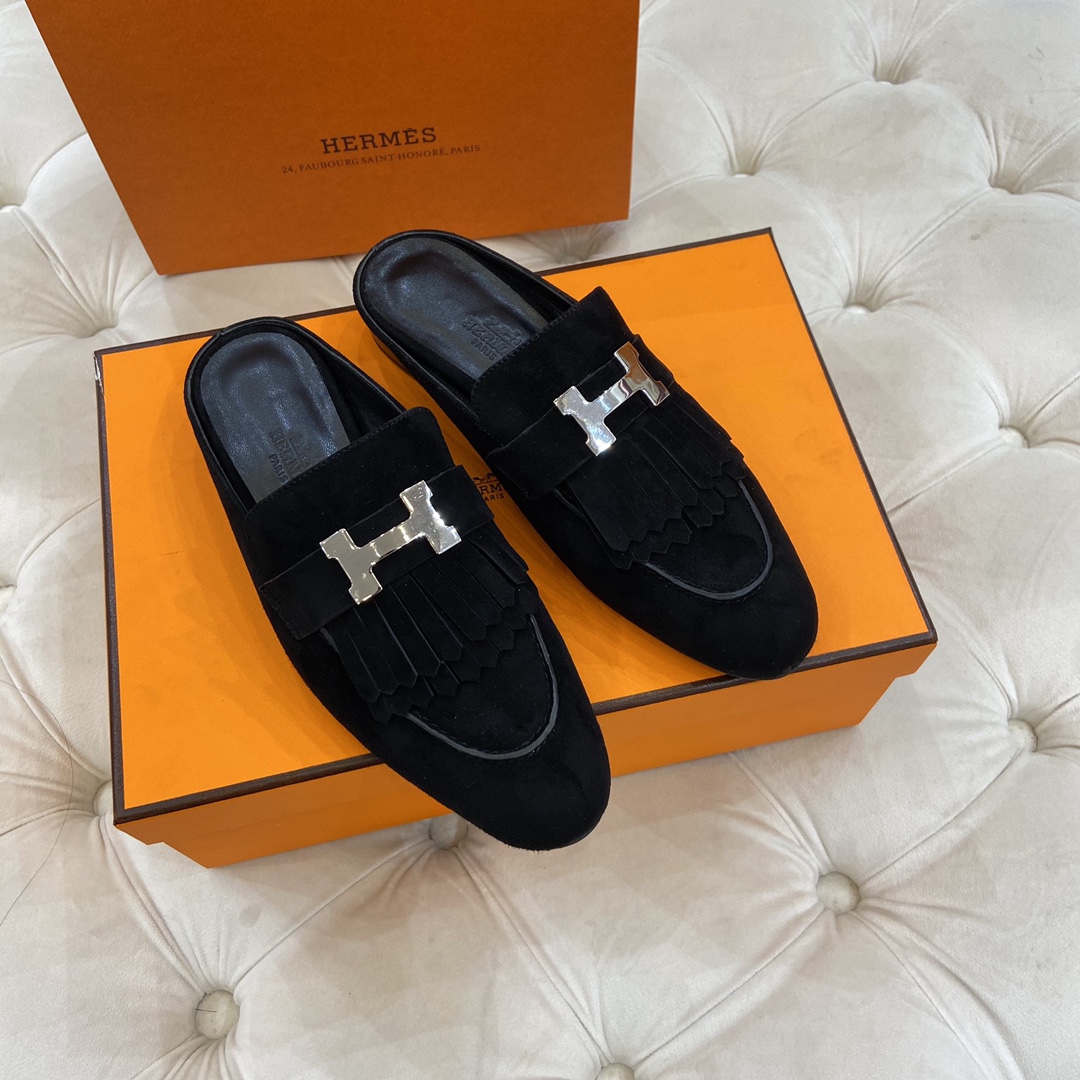 TOP HERMES Rivoli Mules - Black & SHW/GHW