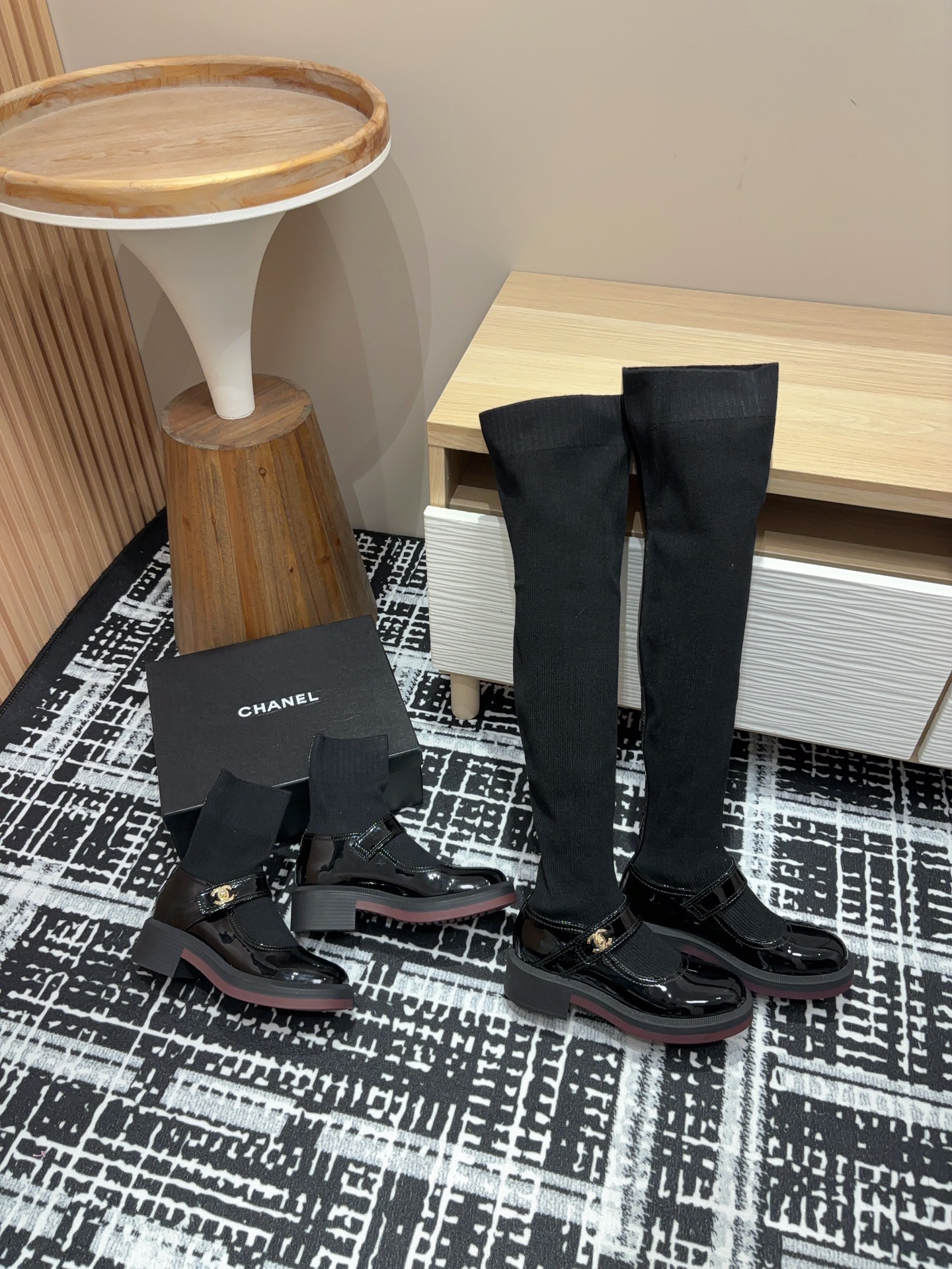 TOP CHANEL Mary Jane Socks Low-calf/High-calf Boots - Black