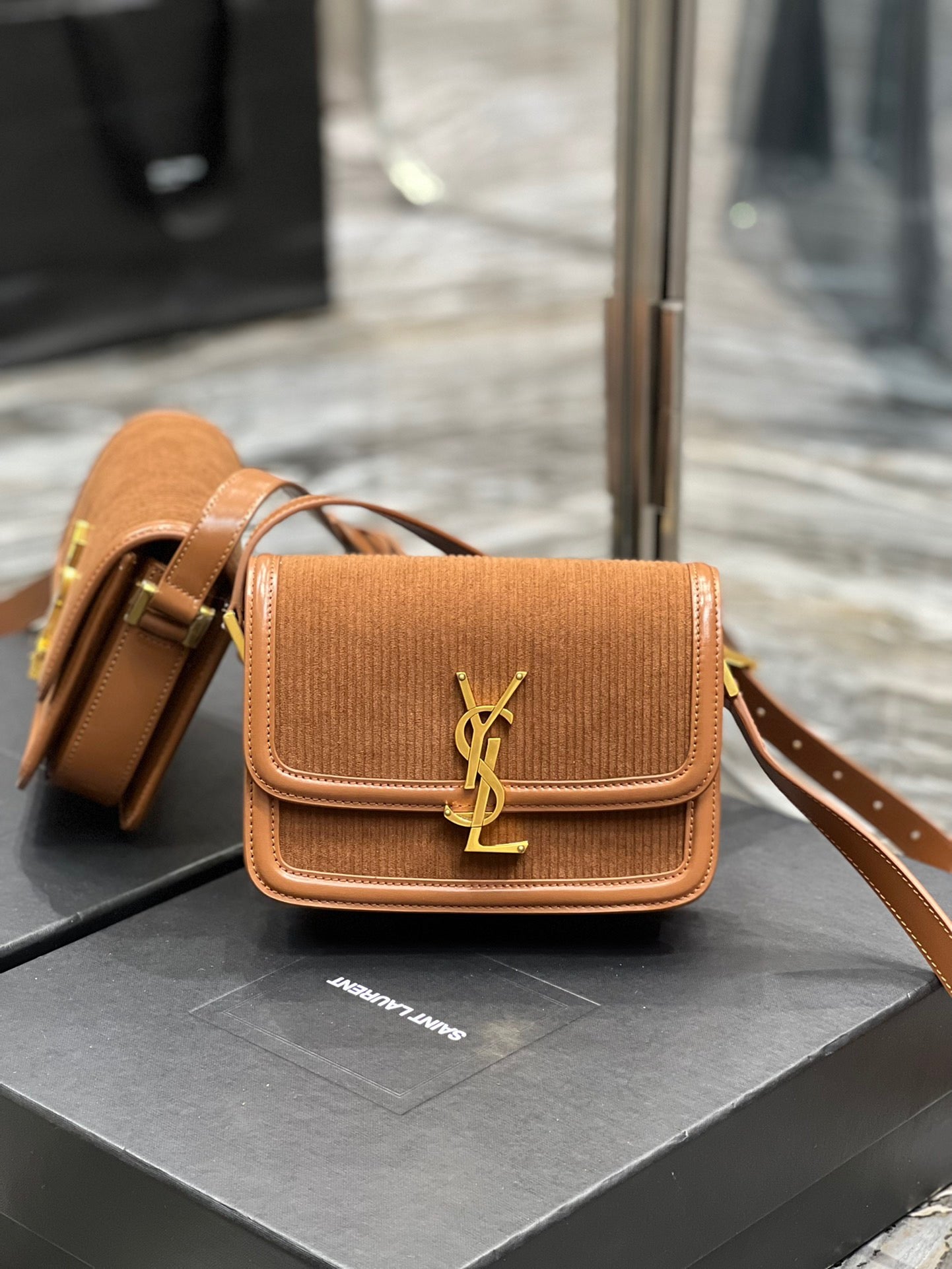 TOP Yves Saint Laurent YSL Solferino Corduroy Small Bag - Brown