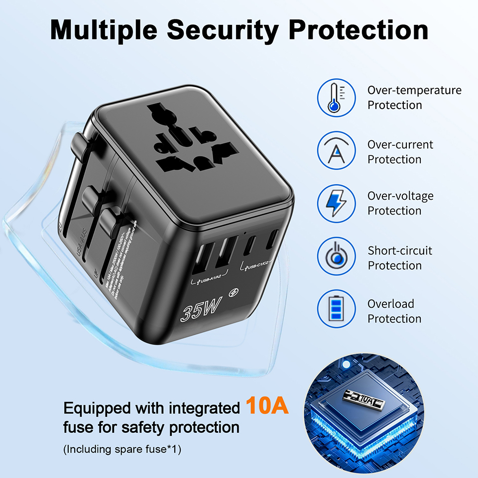 2AC 2500W PD 35W Fast Charger Multi Plug Socket Universal Travel Power Adapter with 2A3C Gan Travel Adapter