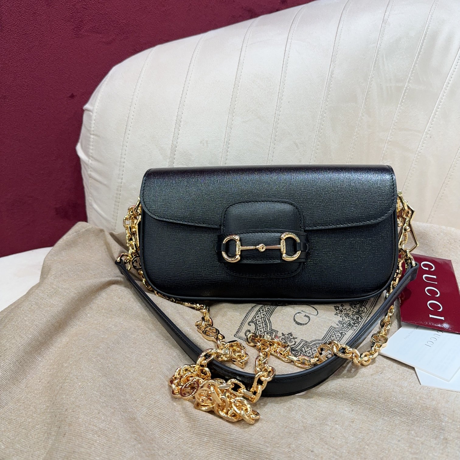 TOP GUCCI Horsebit 1955 Bag Textured Leather 24*13*5.5cm - Black