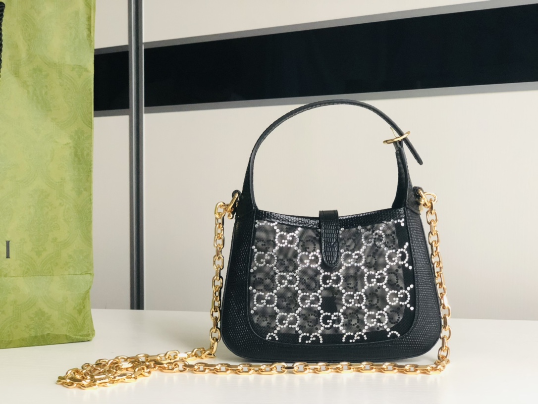 TOP GUCCI Jackie 1961 Tote Bag Diamond with Lizard Skin Mini 19x13x3cm - Black