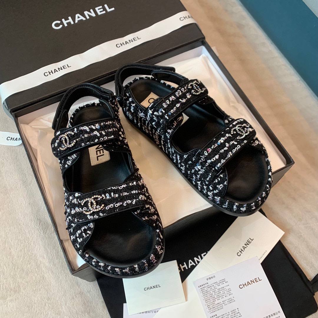 TOP CHANEL Dad Sandals Tweed  Stones Double C - Black and White