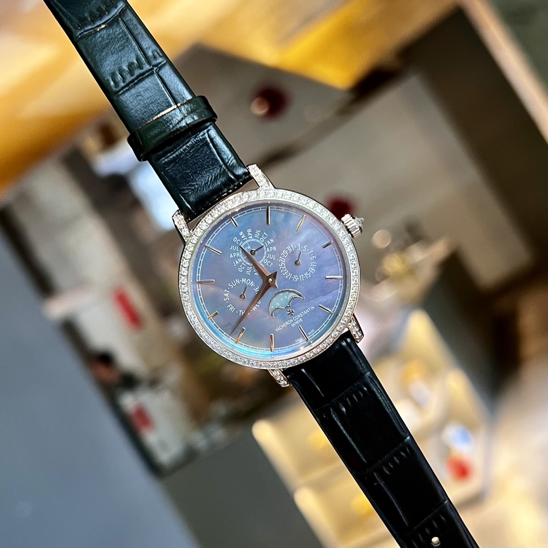 Vacheron Constantin Moon Phase Watch, Ladies MOP Dial Diamond Bezel Croc-Embossed Leather Strap Luxury Wrist Watch