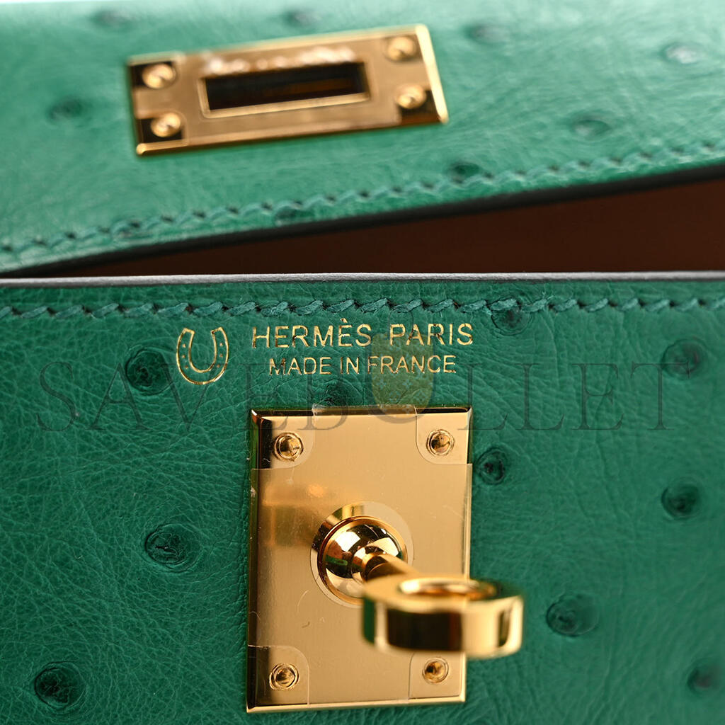 HERMÈS OSTRICH HORSESHOE KELLY SELLIER MINI 20 VERT VERTIGO GOLD (19*12*5.5cm)