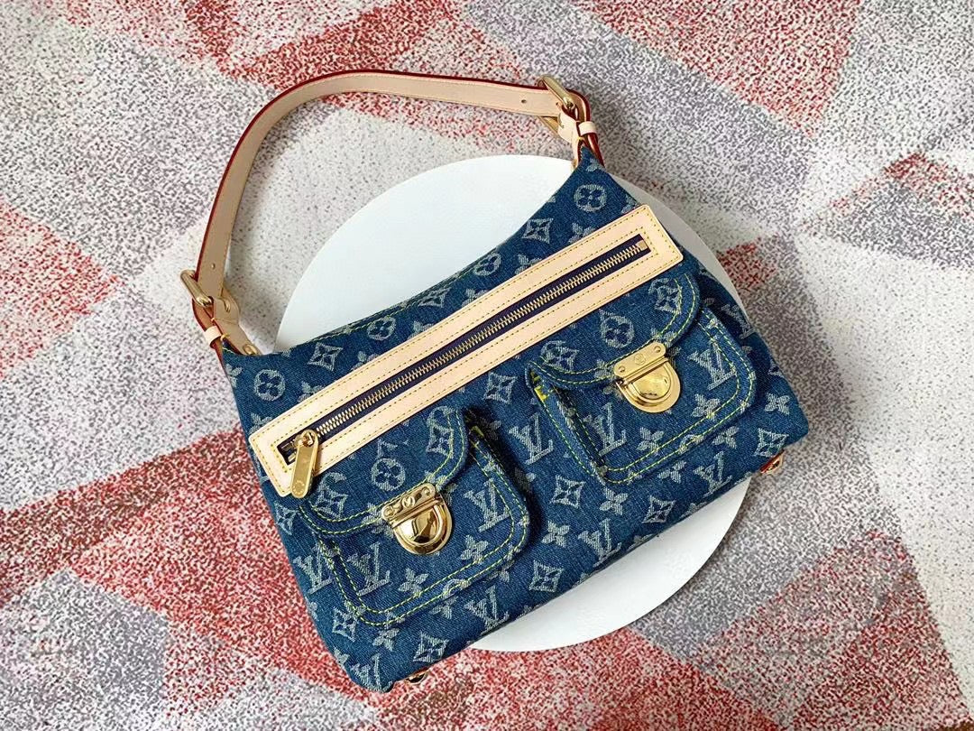 TOP Louis Vuitton LV L*V Baggy Denim PM 30-10-19cm-Blue