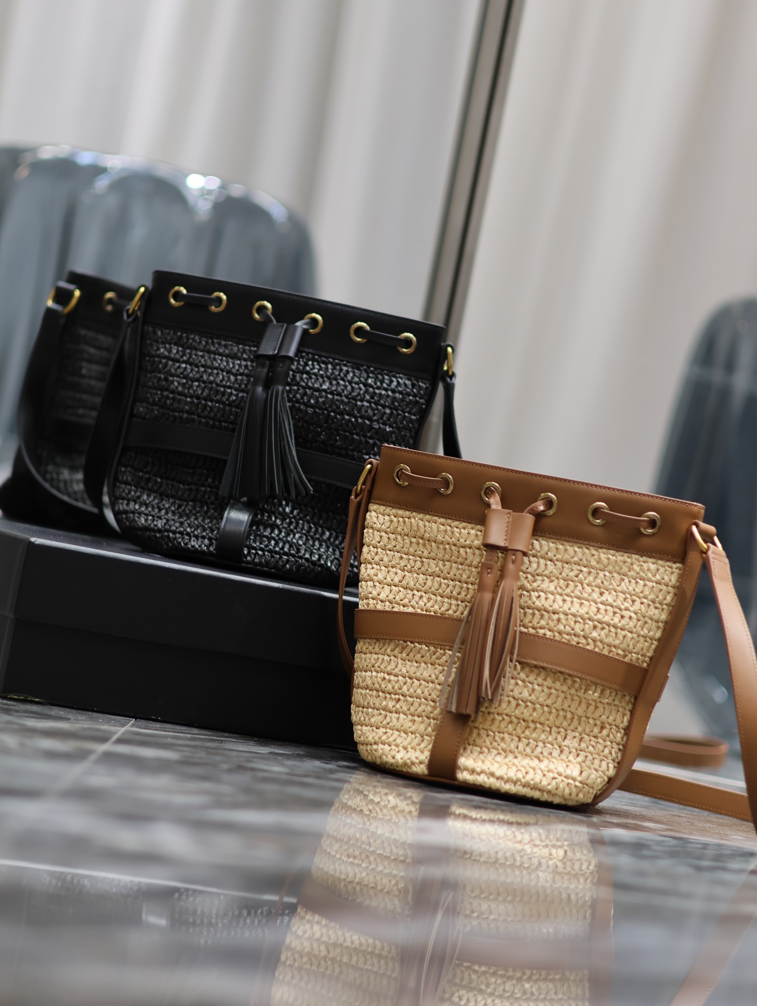 TOP Yves Saint Laurent YSL Lafite Grass Weaving Craft Bucket Bags 22×15×15cm - 2 Colour