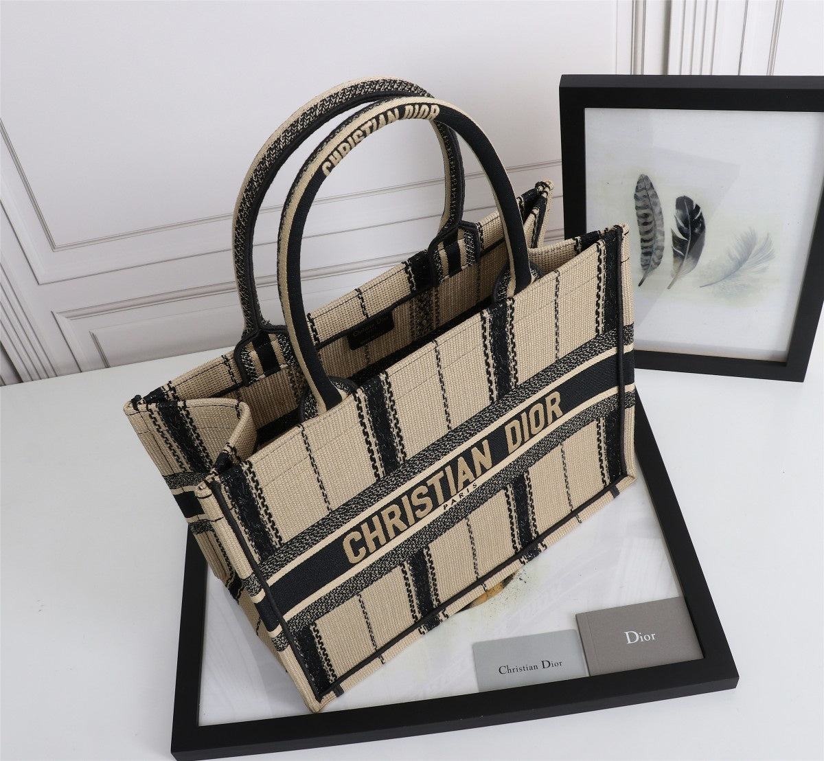 TOP Christian Dior Book Tote Bag Canvas Embroidered Bayadere Small 36cm - Black Beige