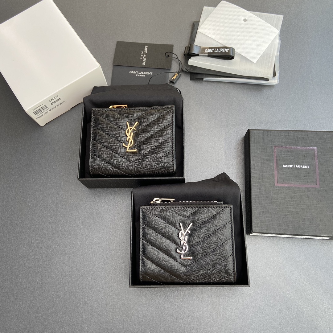 TOP Yves Saint Laurent YSL Calfskin Matelasse Wallet 10.5x8.5x2.5cm - Black & SHW/GHW