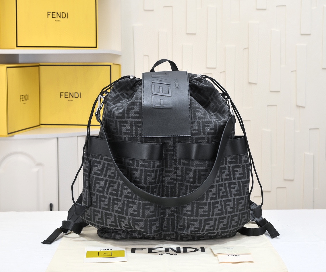 TOP FENDI Large Jacquard Fabric Backpack - 32×16×36cm - Black