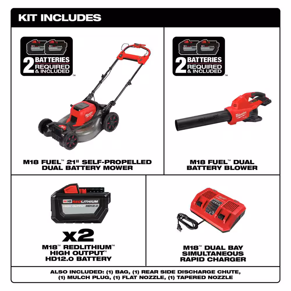 M18 FUEL Brushless Cordless 21 in. Walk Behind Self-Propelled Mower with (2) 12Ah Battery, Charger & Dual Battery Blower
