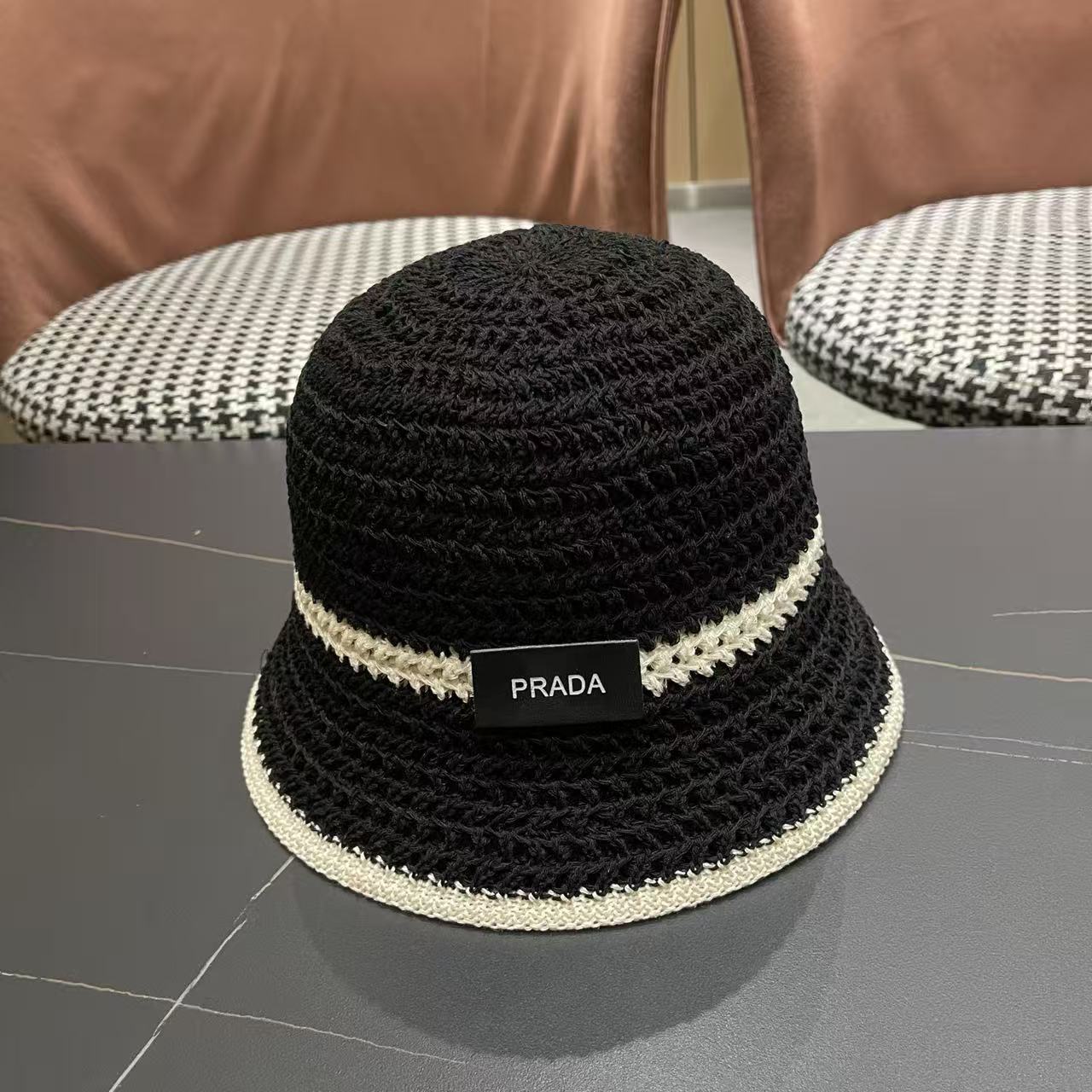 PRADA Striped Crochet Bucket Hat, Hollow Out Knitted Summer Sun Hat for Women