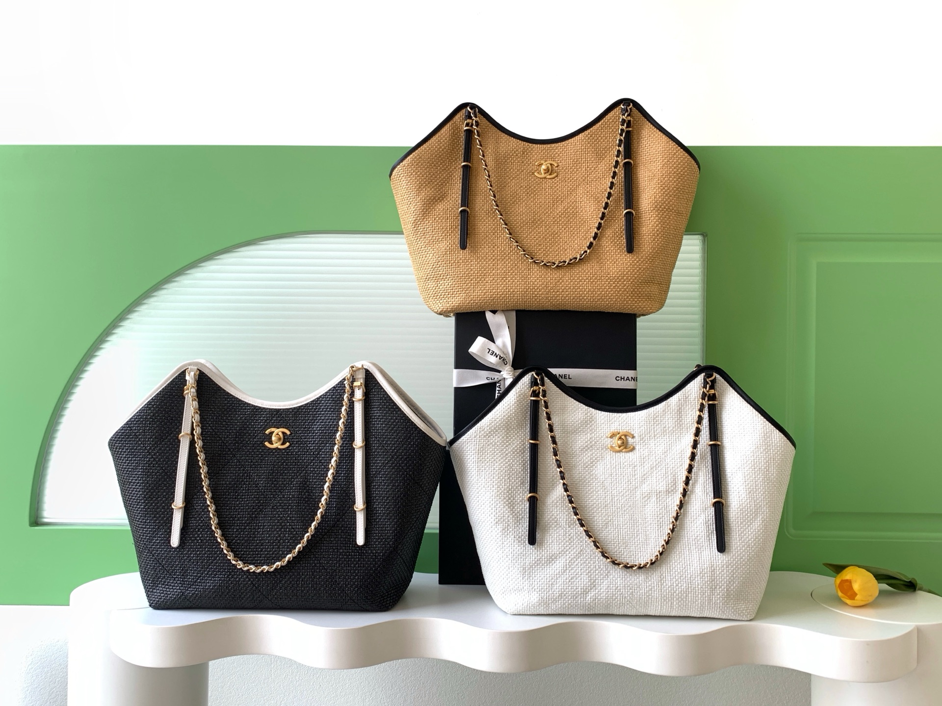 TOP CHANE Tote Bag with Woven Straw Material Paired and Cowhide Leather 31-47-11cm - 3 Colors