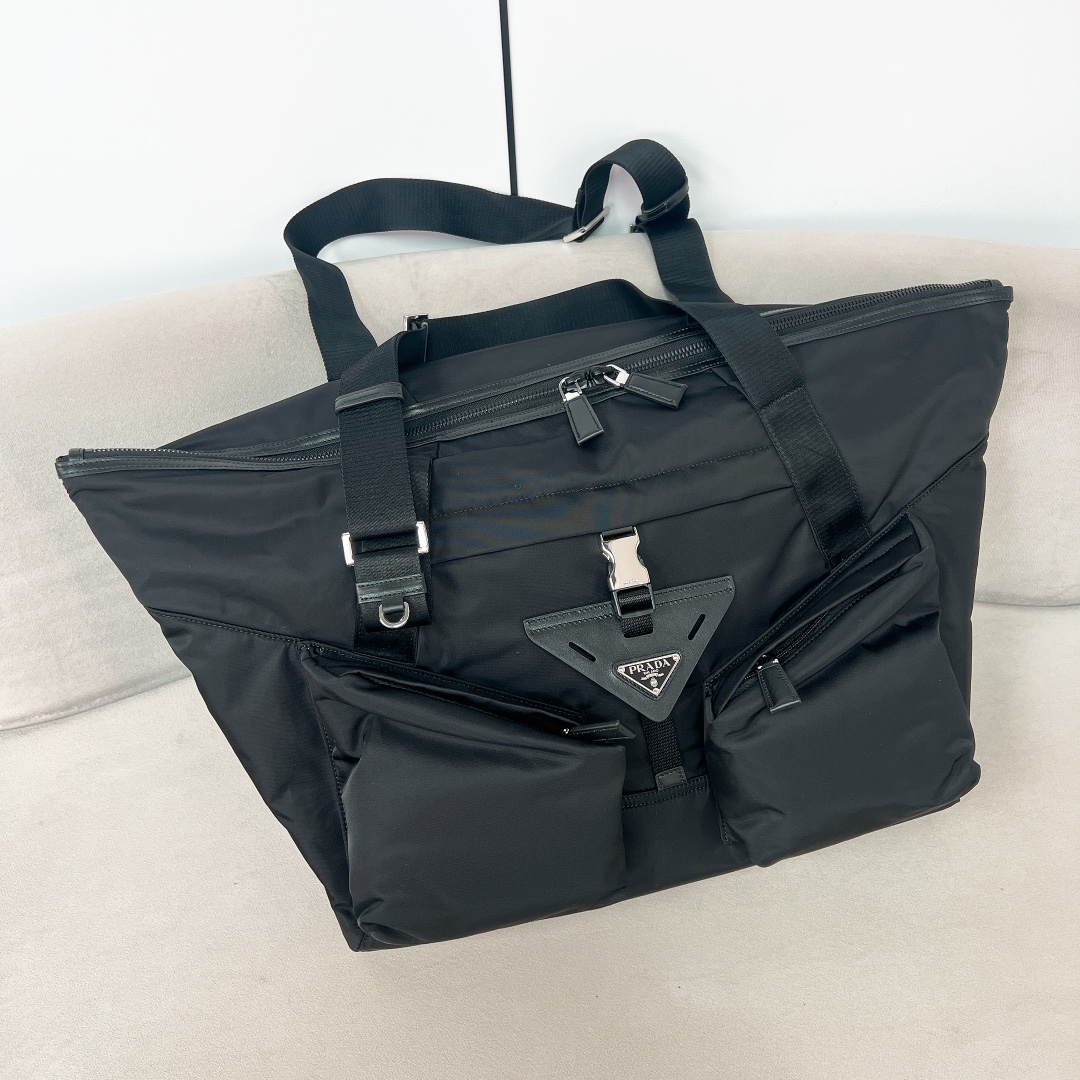 TOP PRADA Re-Nylon and Leather Travel Bag  40 × 44.5× 24 cm-Black