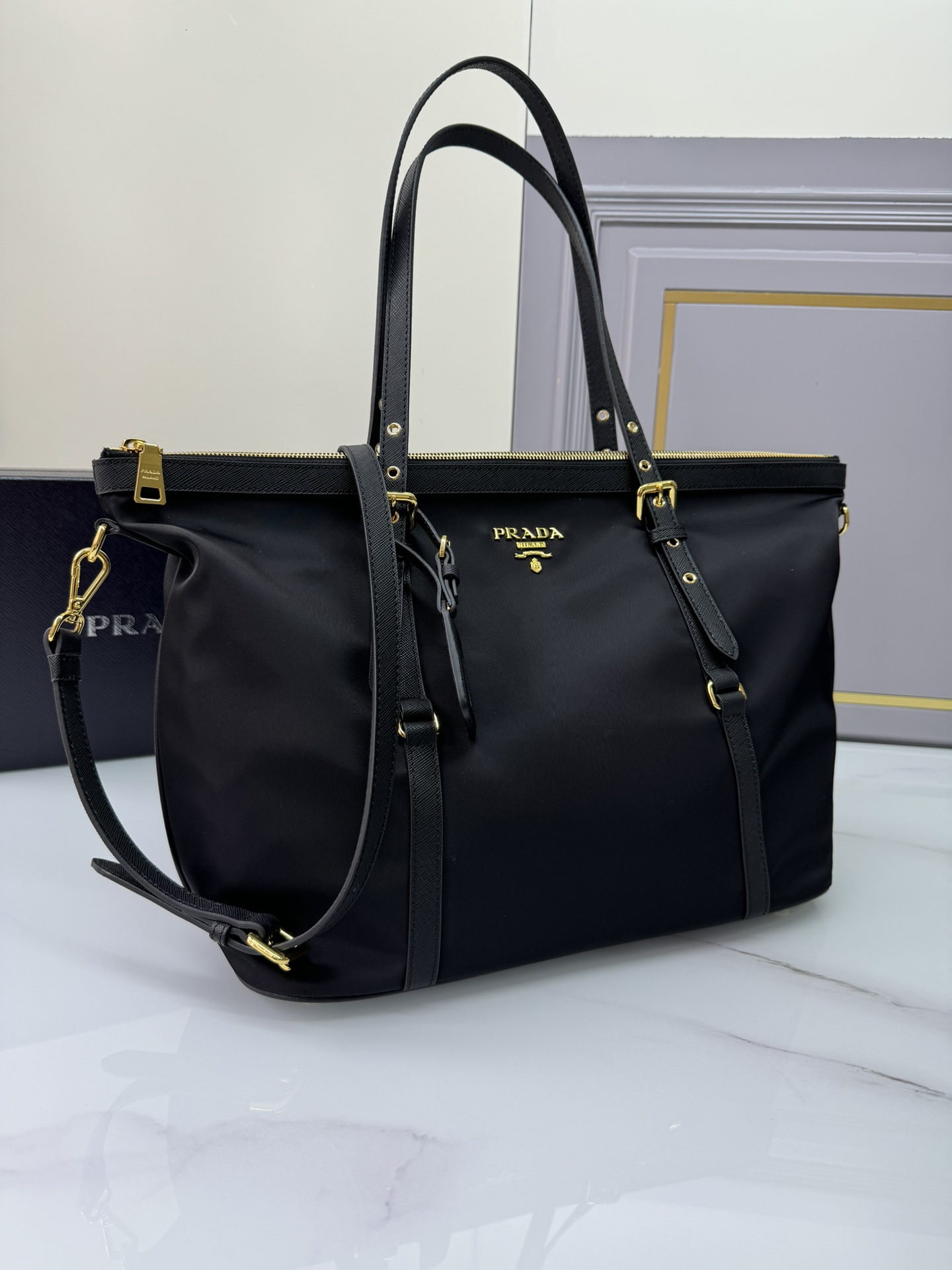 TOP PRADA Shopping Bag Waterproof Nylon & Cross-grain Cowhide 36x28x15cm - Black
