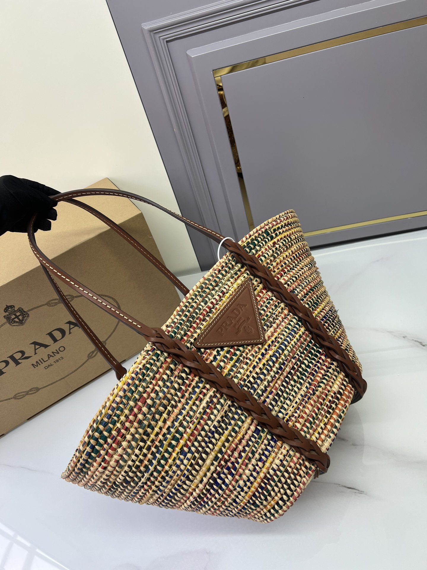 Top PRADA Corn Cob Shoulder Strap Straw Bag 25×25-50×16 cm - Black