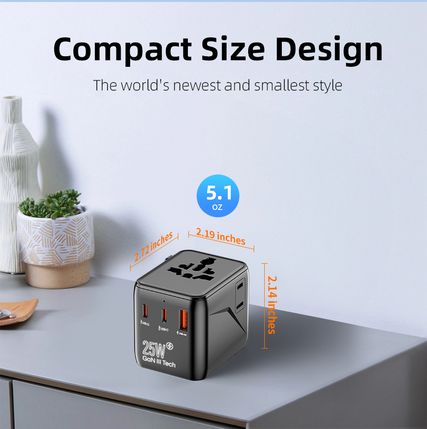 Latest 25W Small Plug Travel Adapter Universal Travel Plug Adapter with Type-C Port for Laptop & Phone Supports US/EU/UK Plugs