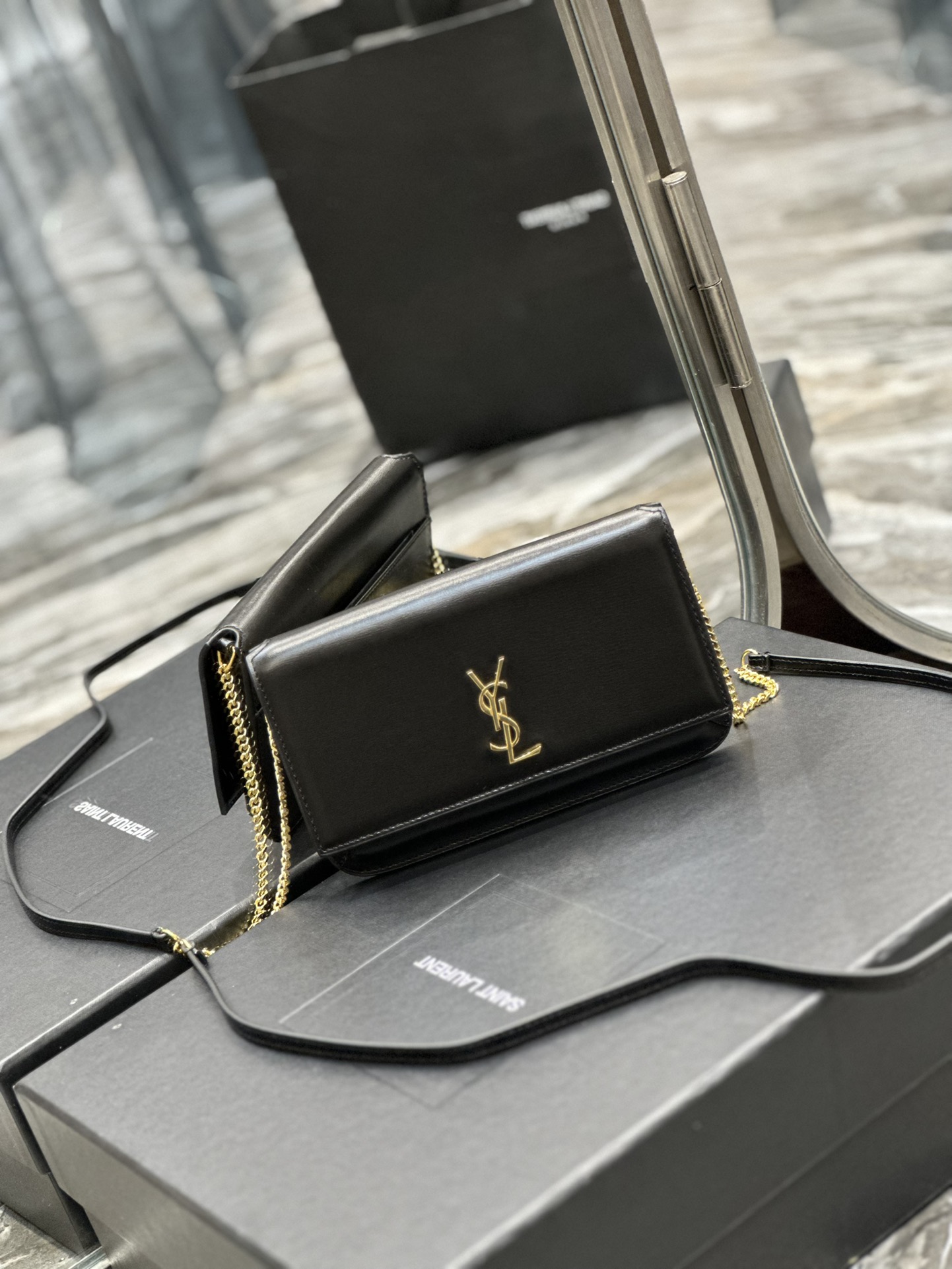TOP Yves Saint Laurent YSL Monogram Phone Holder MINI Bag - Black & GHW - Hand Rubbing