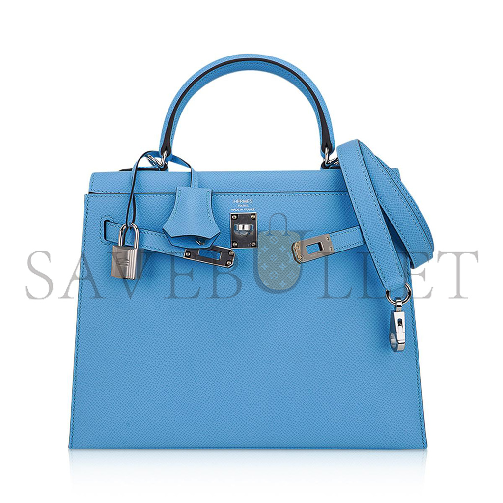 HERMÈS KELLY SELLIER 25 BAG BLUE CELESTE PALLADIUM EPSOM LEATHER (25*17*7cm)