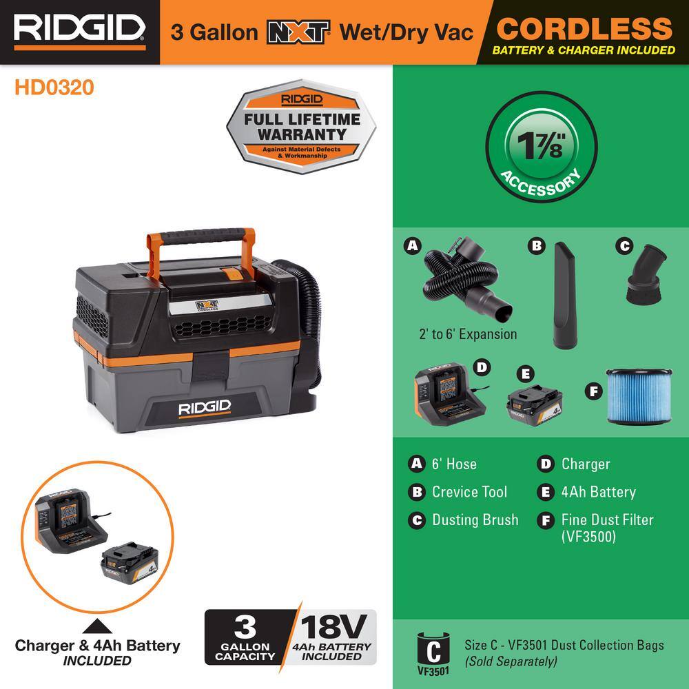 3 Gal. 18-Volt Cordless Handheld NXT Shop Vac Wet Dry Vacuum with Filter, Hose, Accessories, 4.0 Ah Battery and Charger