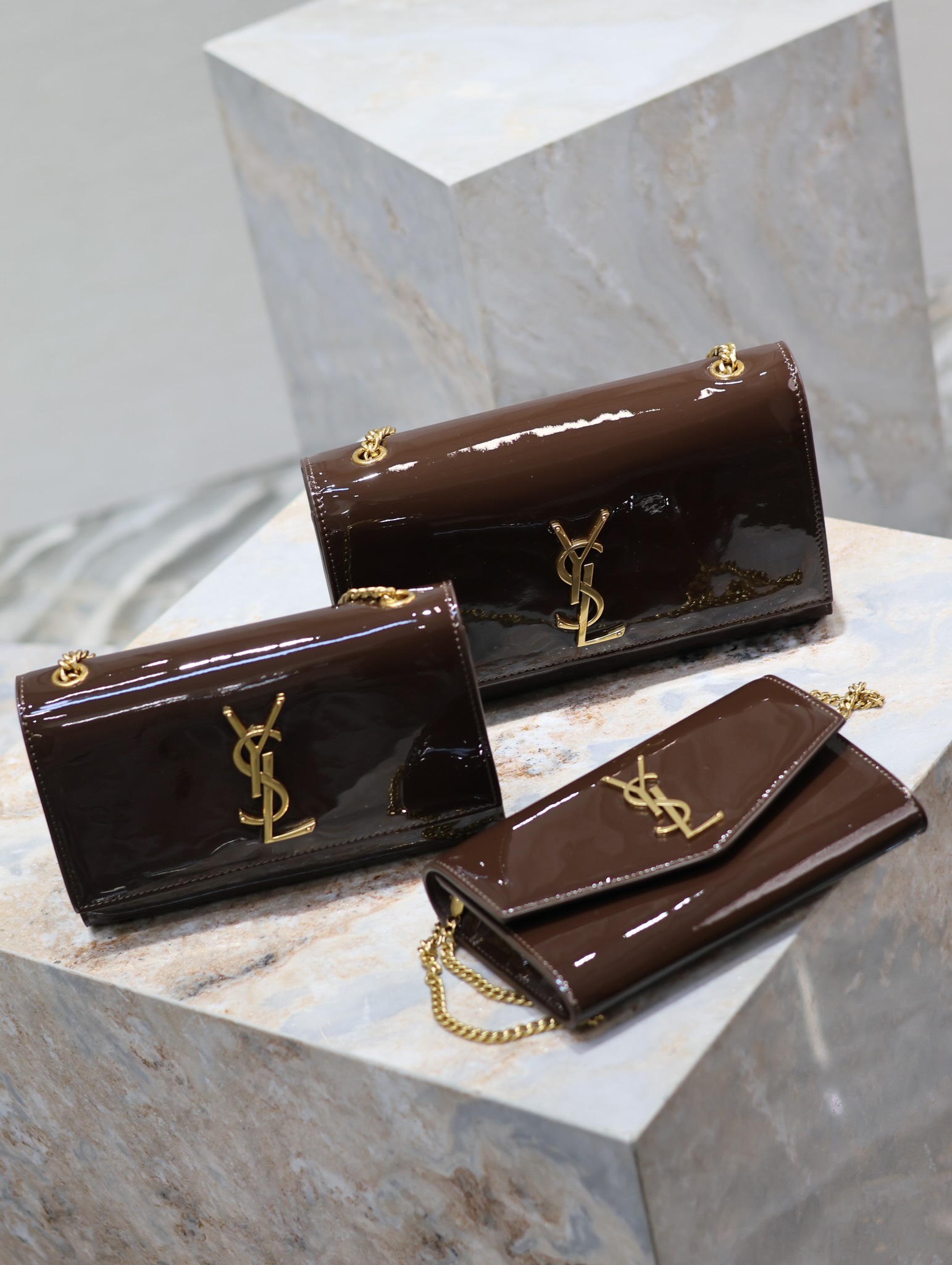 TOP Yves Saint Laurent YSL Lacquer Leather Kate Bags - 3 Size - Maroon&GHW