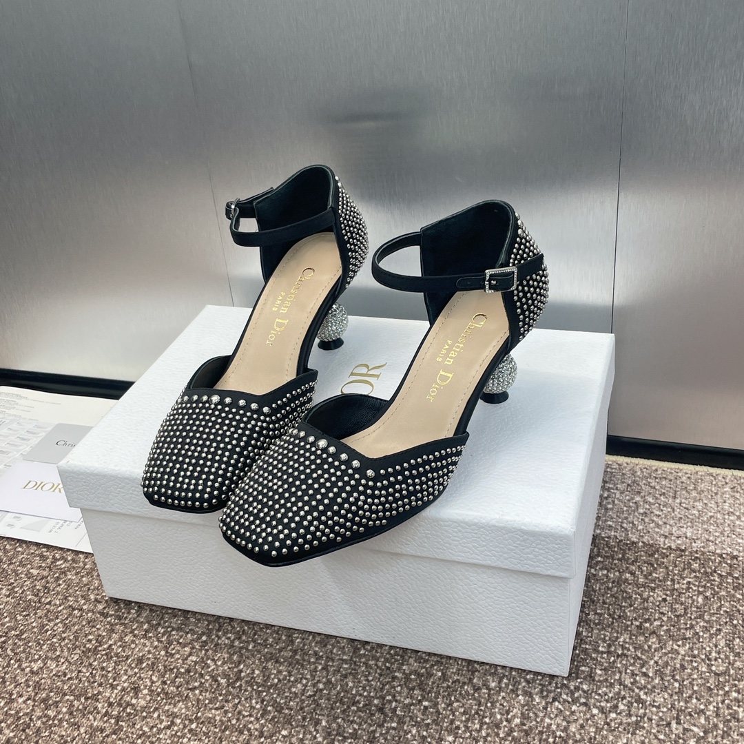 TOP Christian Dior Rhinestones Pumps with Rhinestone Mid Heel - Black