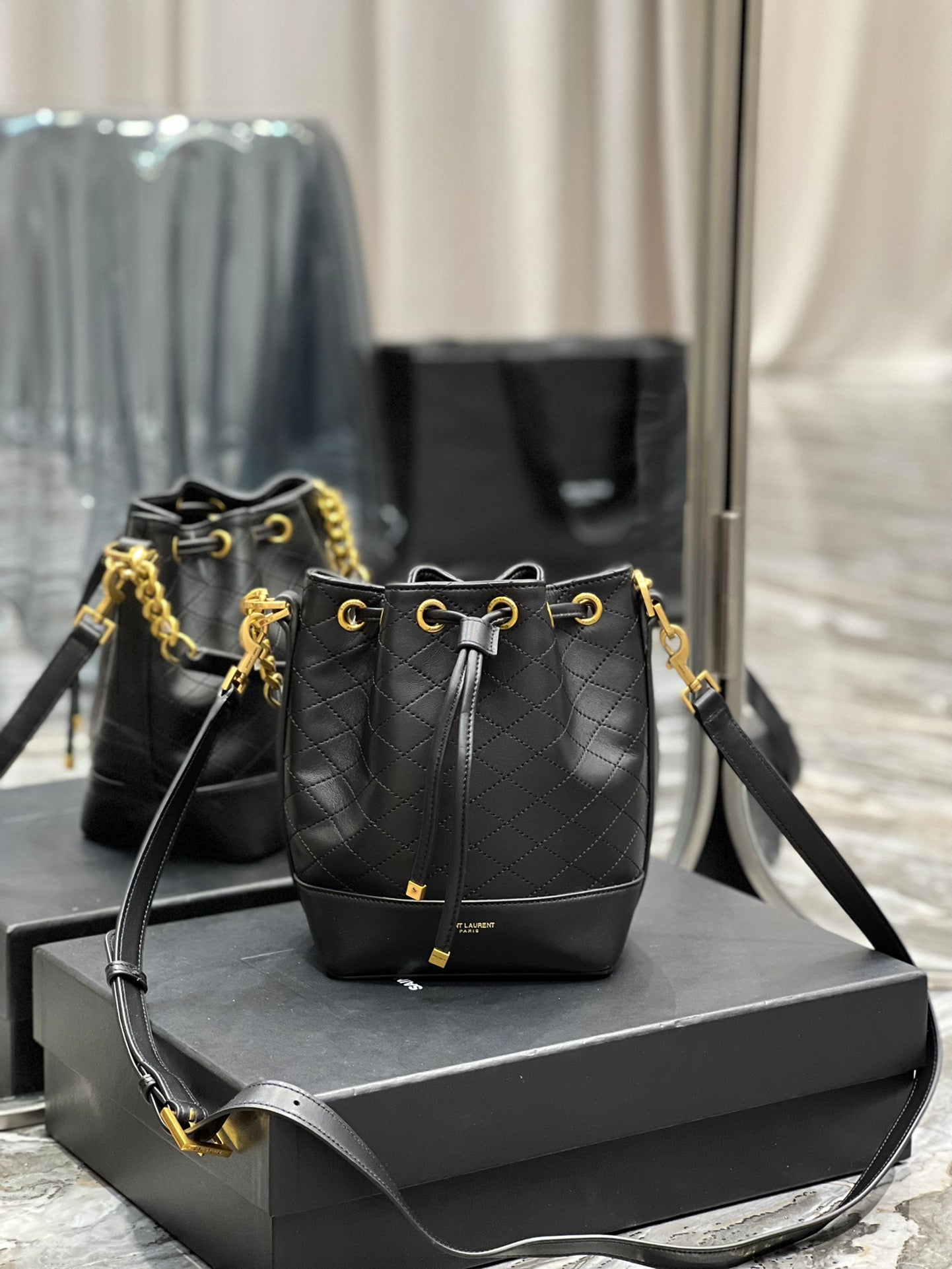 TOP Yves Saint Laurent YSL Emmanuelle Small Quilted Lambskin Bucket Bag - Black
