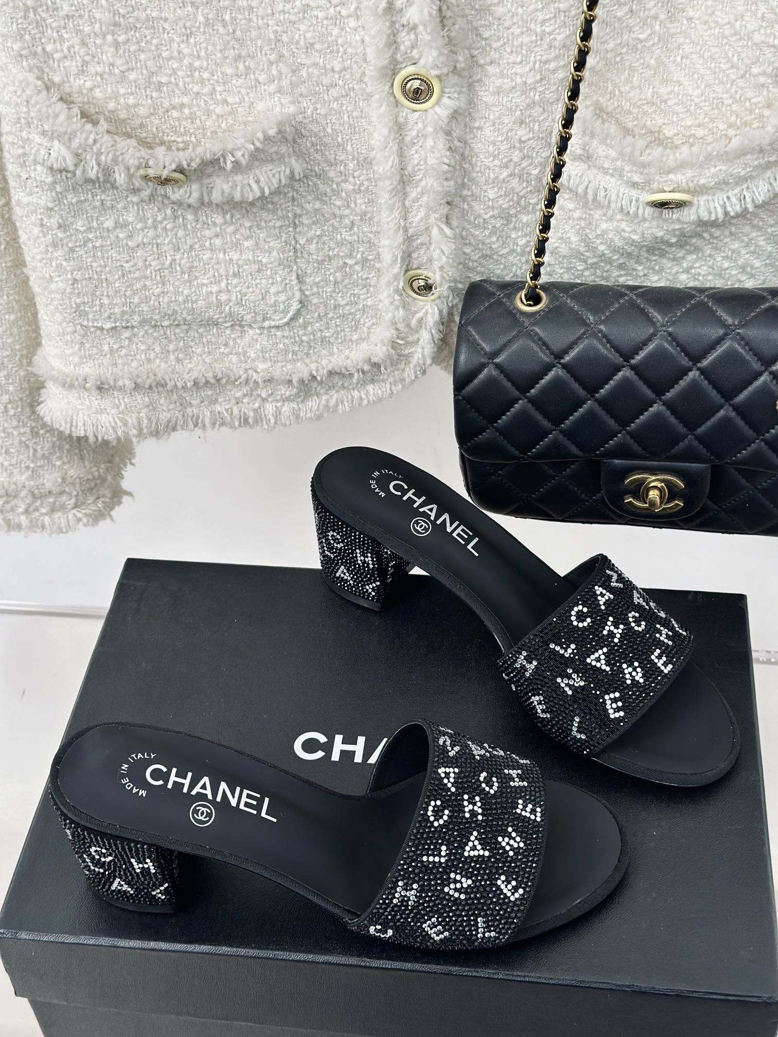 TOP CHANEL Classic Rhinestone Letter Slides 6cm - 2 Color