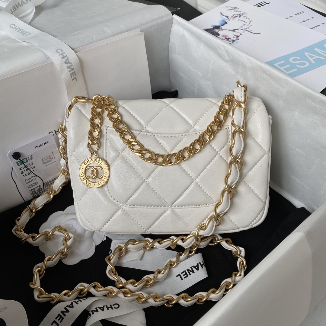 TOP CHANEL Mini Square Adjustable Coin Chain Flap Bag SS21 12x21x7 cm - White