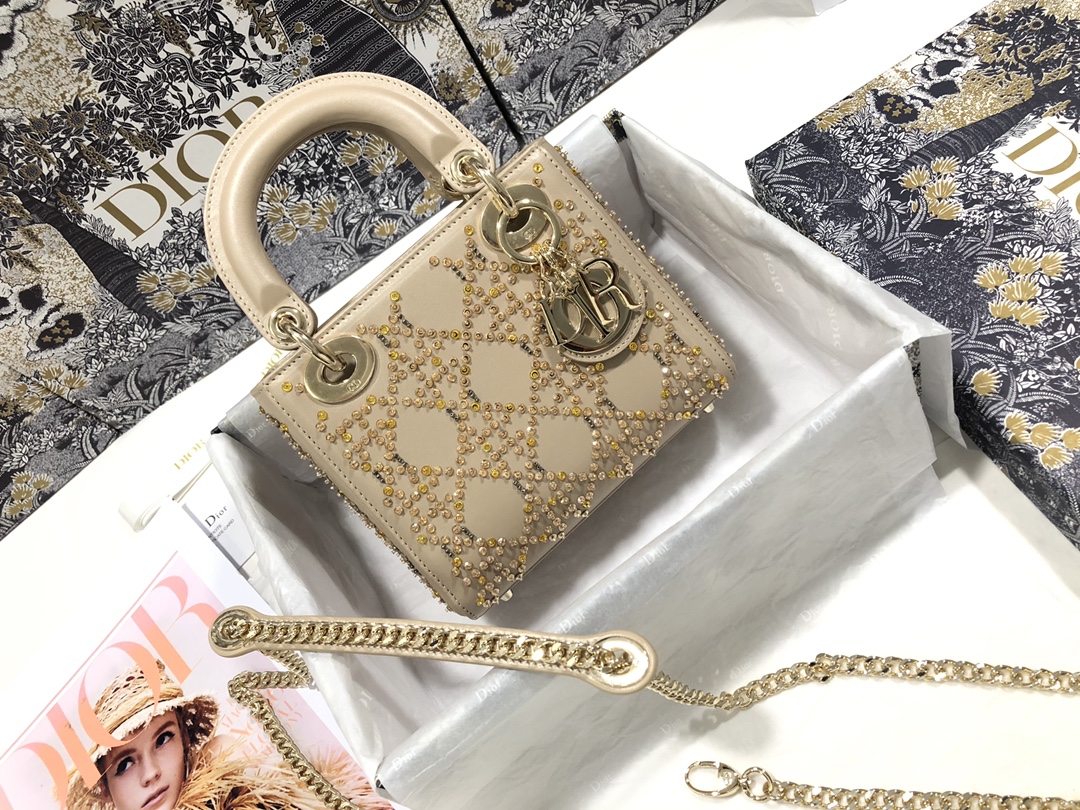 TOP Christian Dior Mini Lady Dior Embroidered Handbag - Apricot Color - GHW