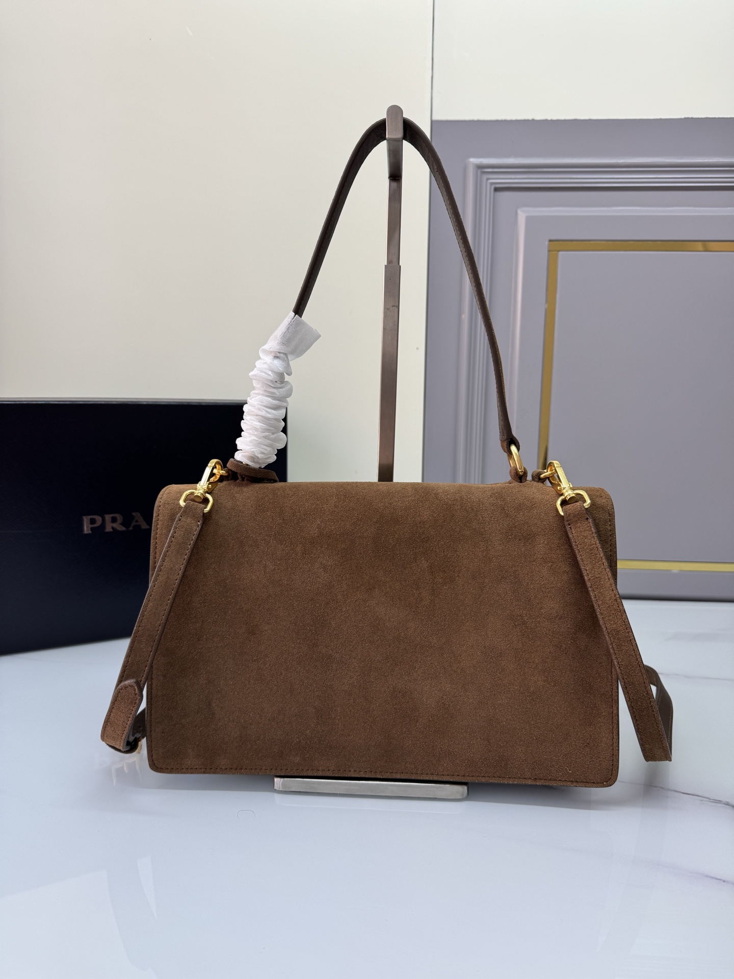 TOP PRADA Soft Sound Handbag Chamois 28x16x10cm - Brown