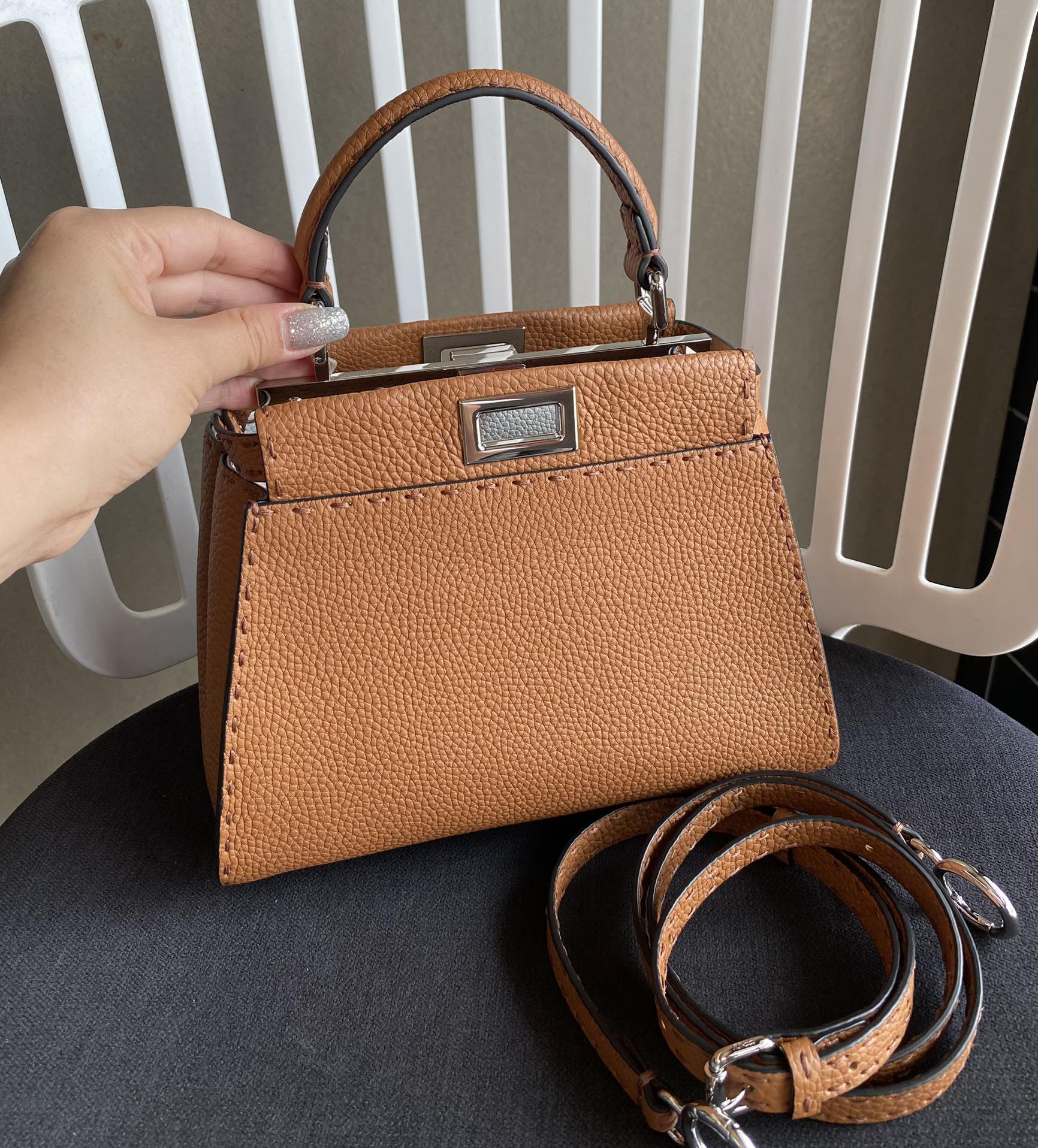 TOPFENDI Calfskin Iconic Mini Peekaboo Bag 23×18×12cm - Brown&SHW