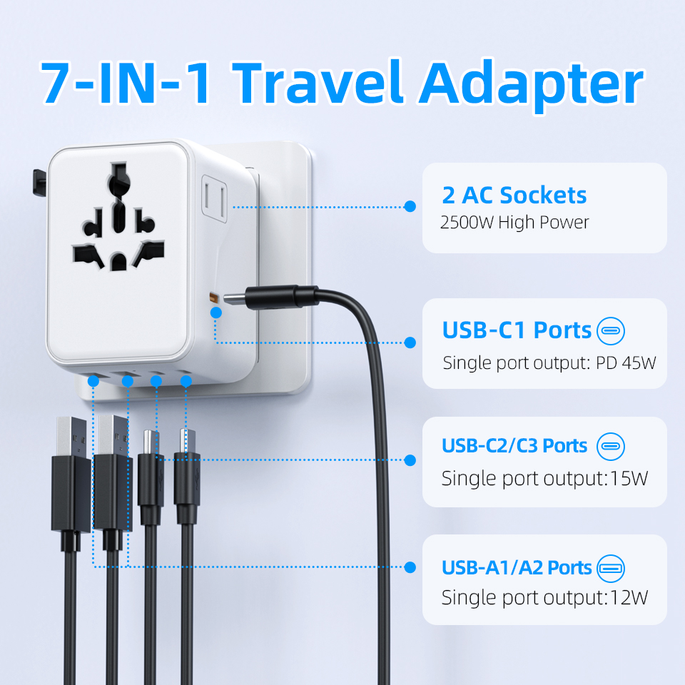 Small Size PD 45W Universal Travel Adapter with Gan Material for Camera & iphone Charging Cable + Adapter Usb to Usb c Adapter