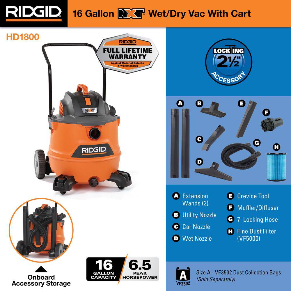 16 Gallon 6.5 Peak HP NXT Shop Vac Wet Dry Vacuum with Cart, Fine Dust Filter, Locking Hose and Accessory Attachments