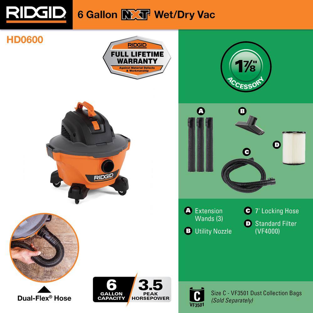 6 Gallon 3.5 Peak HP NXT Shop Vac Wet Dry Vacuum with General Debris Filter, Locking Hose and Accessory Attachments