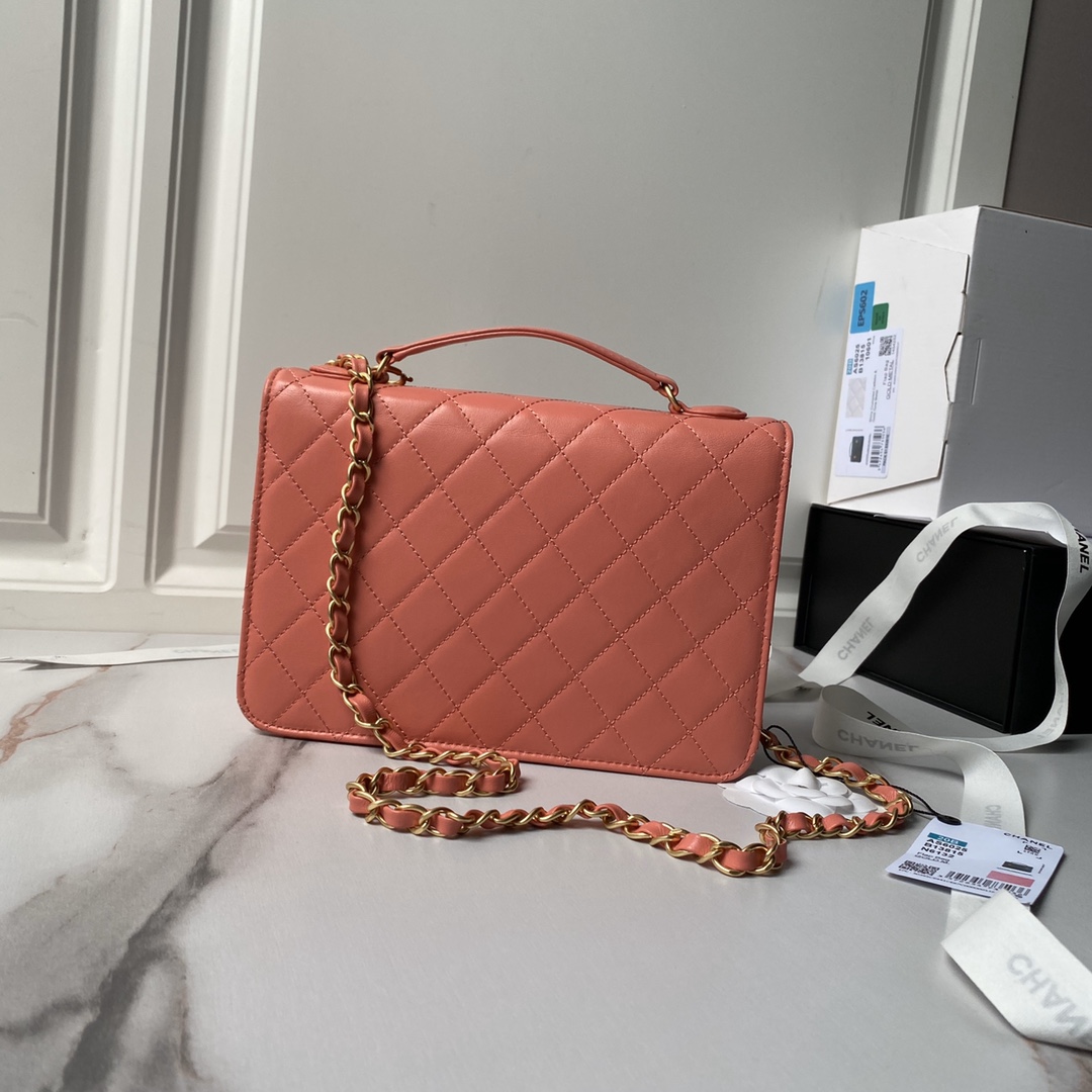 TOP CHANEL Double Turn Lock 2 Way Pink Leather Bag 23×16cm-Pink