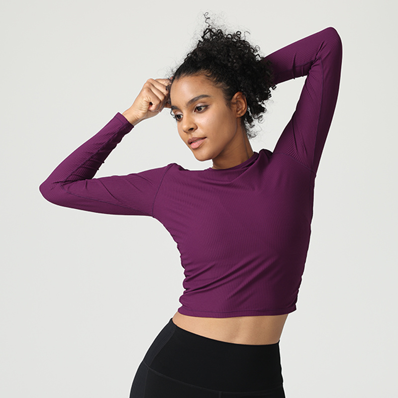 Womens Slim Fit Sports Long Sleeve Top Side Ruched Quick Dry 4Way Stretch Yoga Shirt
