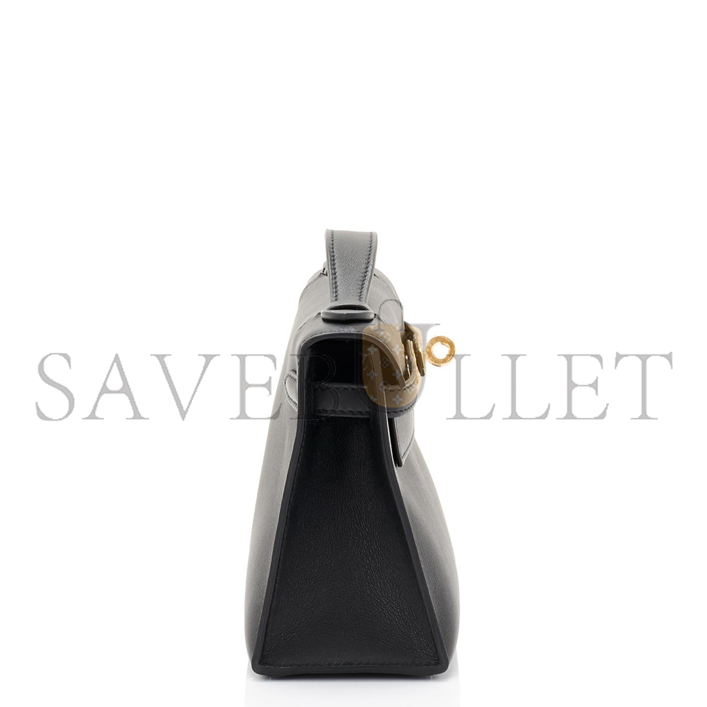 HERMÈS KELLY POCHETTE BLACK GOLD HARDWARE CLUTCH CUT BAG SWIFT (22*14*7cm)