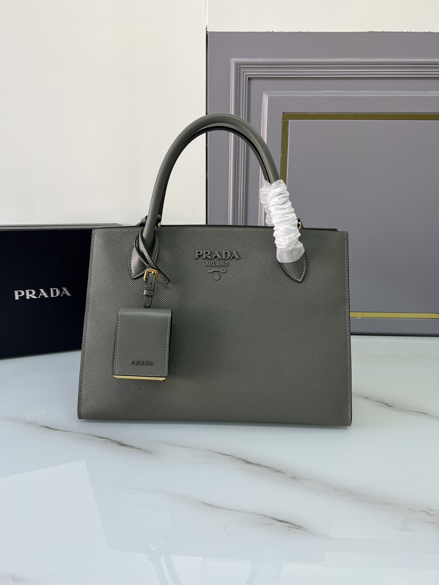 TOP PRADA Galleria Saffiano Leather Bag 24× 32 ×13cm - Grey