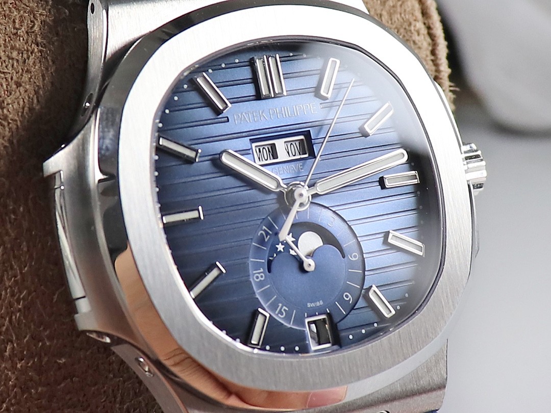 Patek Philippe Nautilus Men Watch, Blue Dial Moon Phase Calendar Automatic Wrist Watch, Blue Leather Strap Luxury Business Watch
