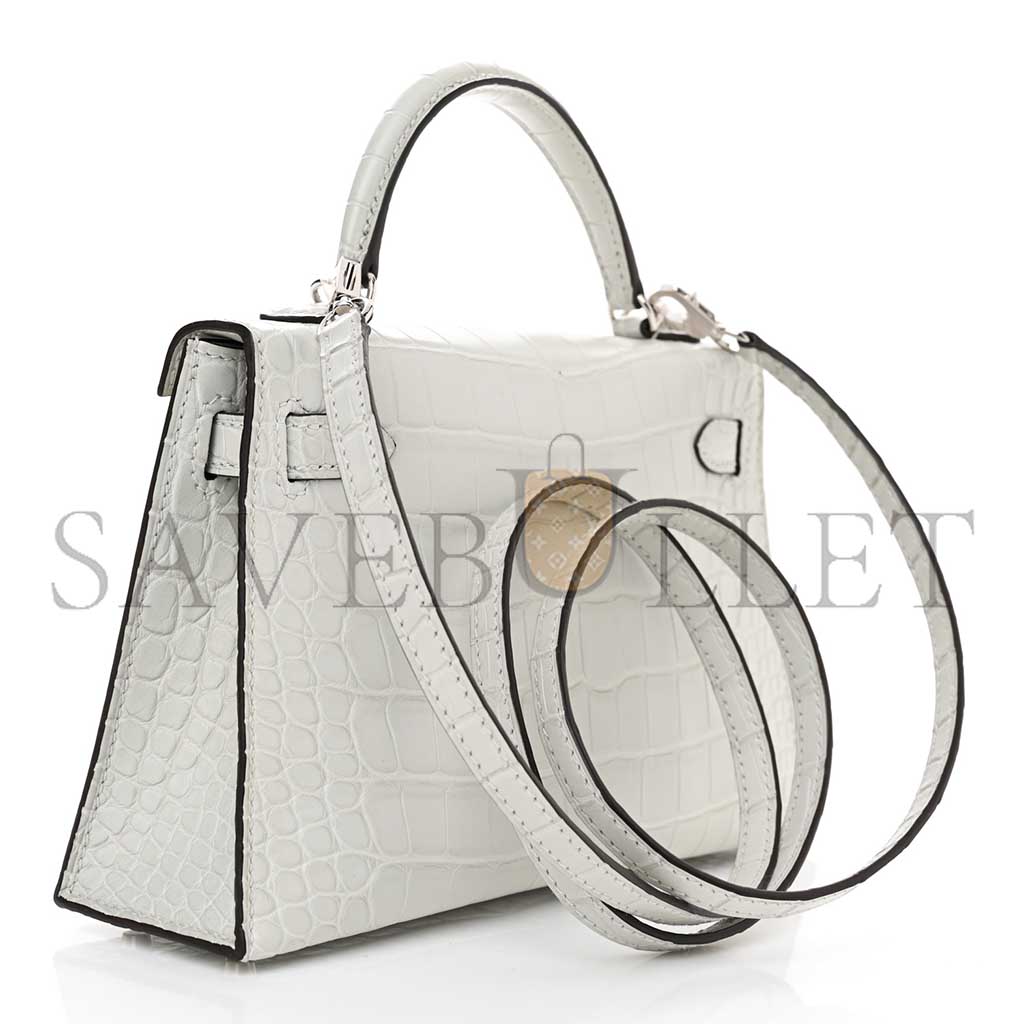 HERMÈS MATTE ALLIGATOR MINI KELLY II SELLIER GRIS NEVE (19*12*5.5cm)