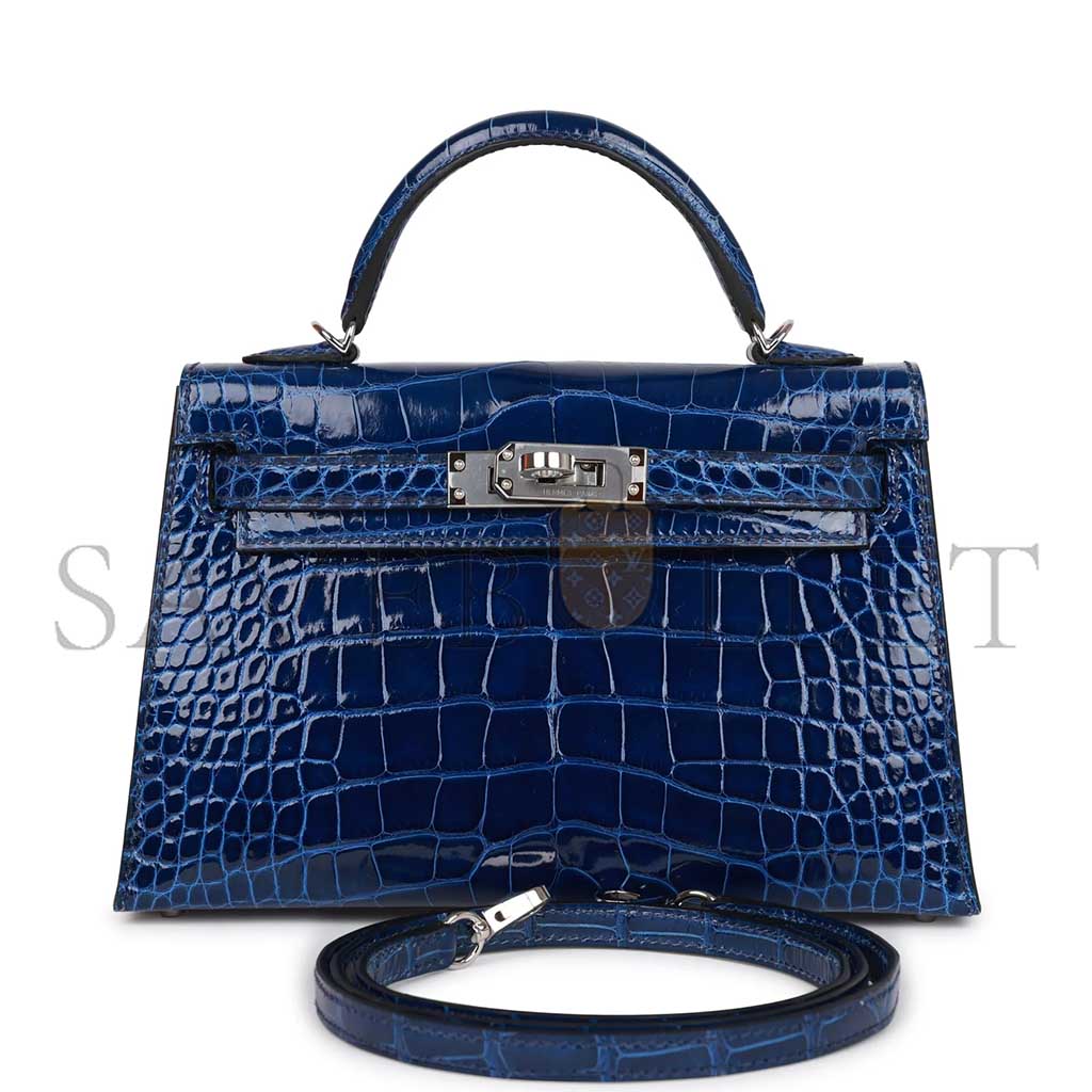 HERMÈS MINI KELLY II SELLIER BLEU SAPHIR SHINY ALLIGATOR PALLADIUM HARDWARE (19*12*5.5cm)