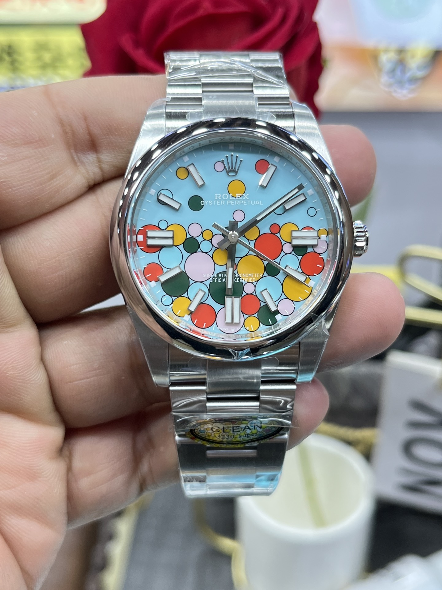 TOP ROLEX Oyster Perpetual W36mm Stainless Steel Turquise Blue/Celebration motif Dial Watch - Sliver