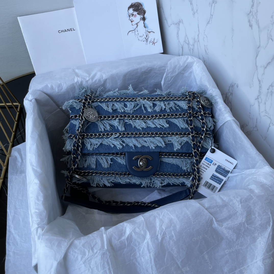 TOP CHANEL Denim Flab Bag Lambskin 25cm - Blue& SHW