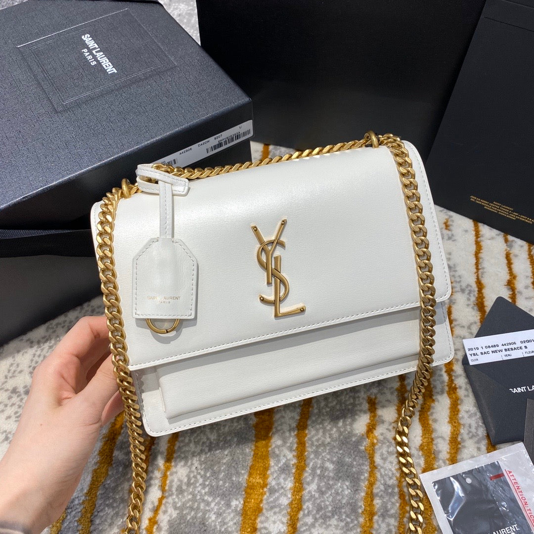 TOP Yves Saint Laurent YSL Sunset Metallic Small Bag - White GHW