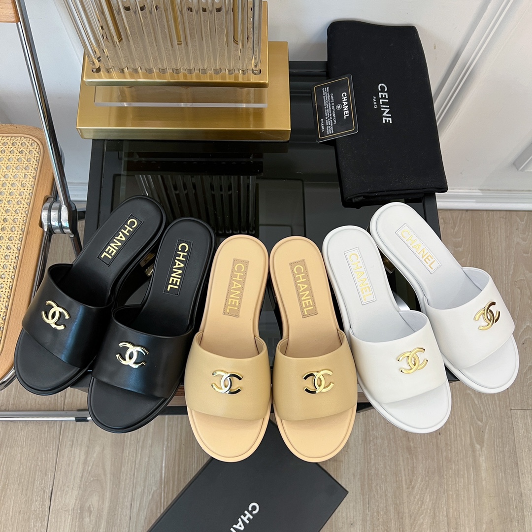 TOP CHANEL Sheepskin Thick Heeled Slippers - 3 Colour