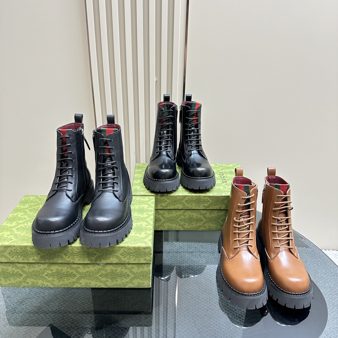 TOP GUCCI Side Zip Lace-Up Ankle Boots - 3 Colour