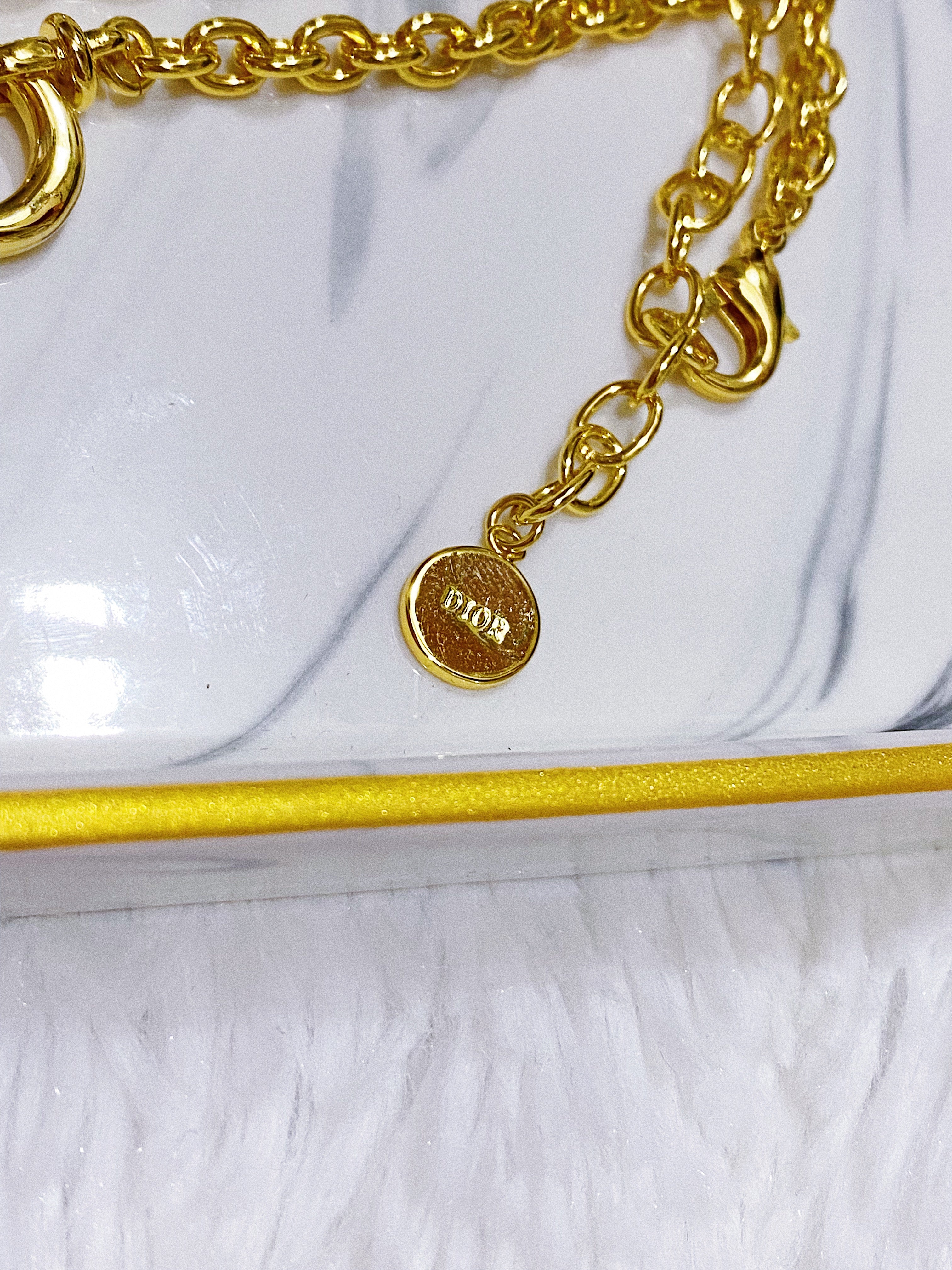 TOP Christian Dior CD Gold Necklace with Pearl