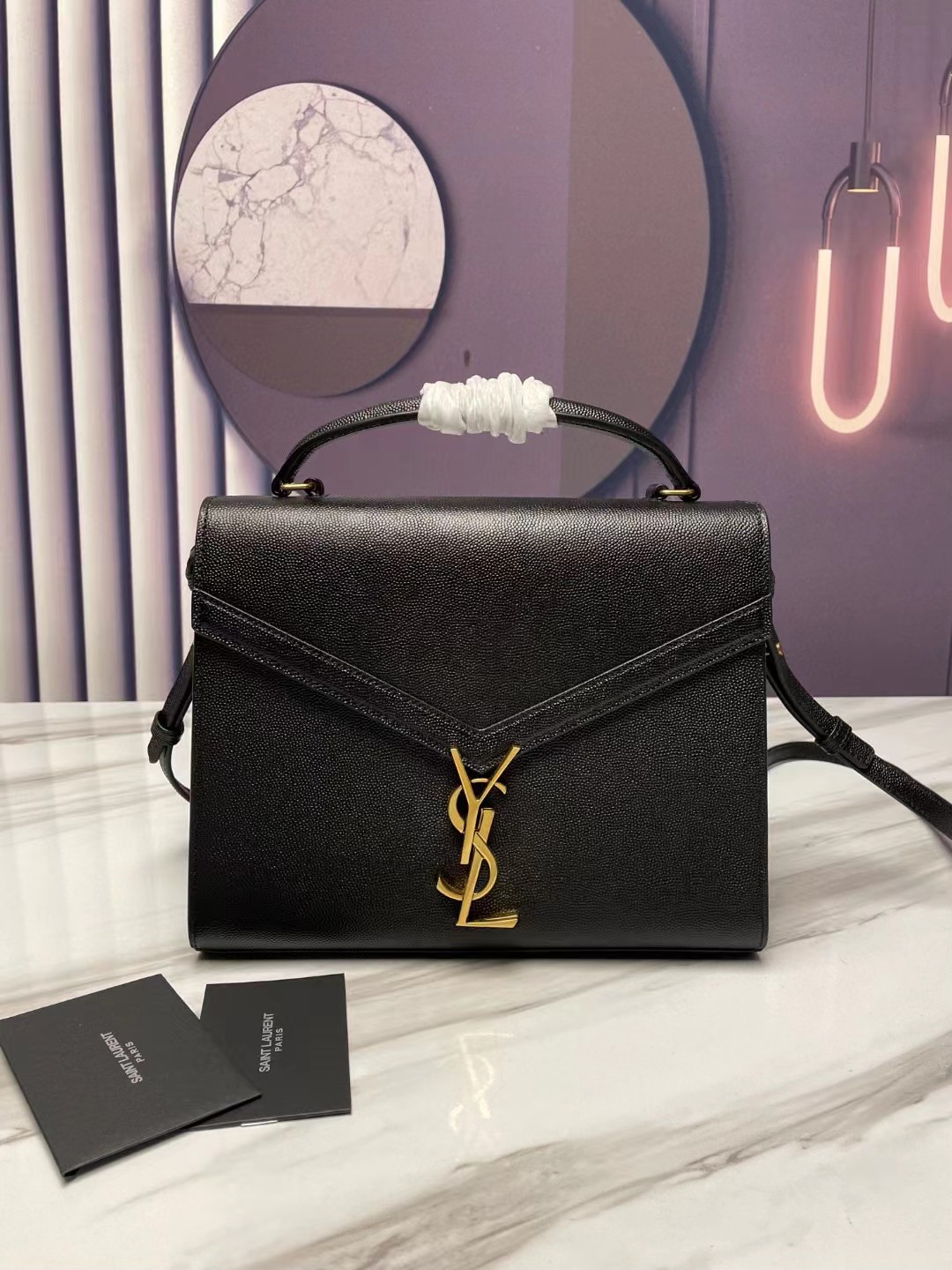 TOP Yves Saint Laurent YSL Cassandra Top Handle Bag - Black w GHW