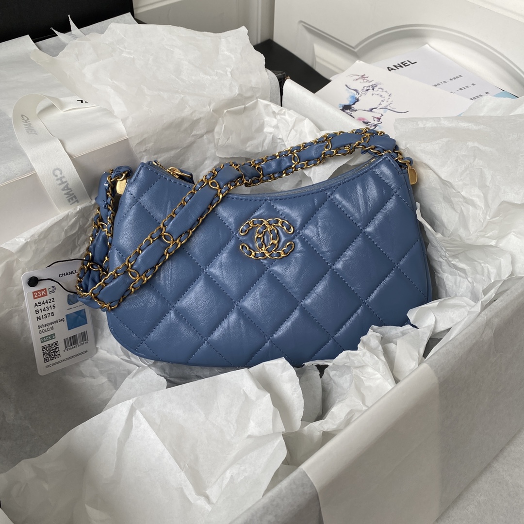 TOP CHANEL Hobo 23khobo Wrinkled Cowhide Bag - GHW&Blue - 13.5×23.5×5.3cm/12×20.5×4.5cm